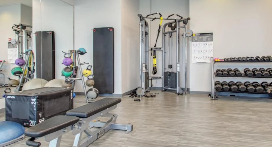 Comprehensive gym at Atwater Apartments in Chicago, featuring a wide selection of free weights, strength machines, and workout benches