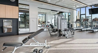 Well-equipped apartment gym with various machines, free weights, and large windows at Avenir apartments in Chicago