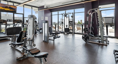 State-of-the-art fitness center with a variety of exercise equipment and city views at Avenir apartments in Chicago