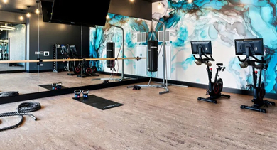 A vibrant boutique fitness studio with training equipment and artistic murals at Avra West Loop in Chicago
