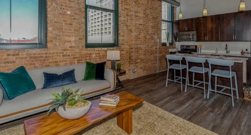 Living room with a modern sofa and a view into the kitchen bar area at Carriage House Lofts in Chicago