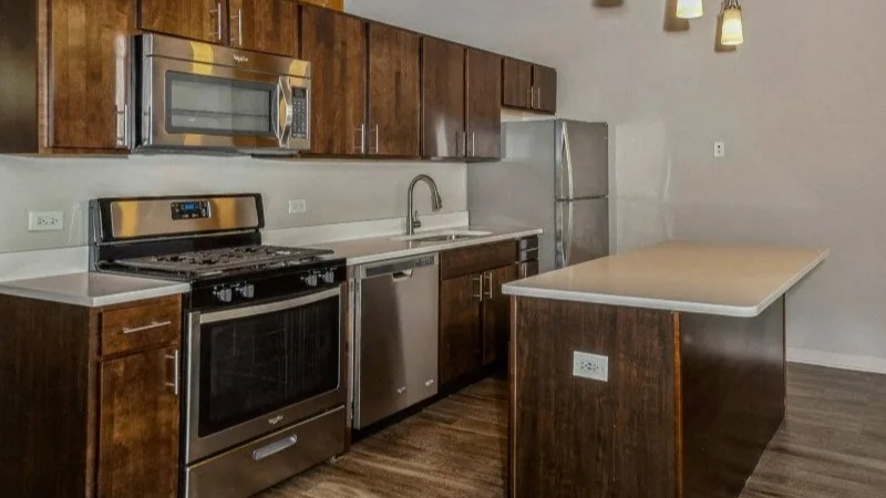 Modern kitchen with stainless steel appliances, dark wood cabinets, and a central island at Carriage House Lofts in Chicago