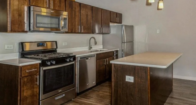 Modern kitchen with stainless steel appliances, dark wood cabinets, and a central island at Carriage House Lofts in Chicago
