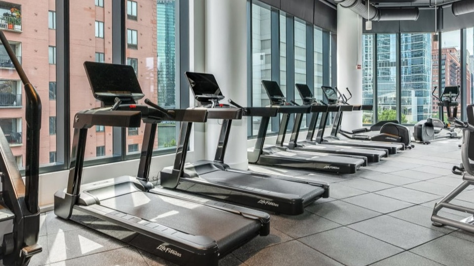 State-of-the-art fitness center with a row of treadmills and various cardio machines, offering city views at Cassidy on Canal apartments in Chicago