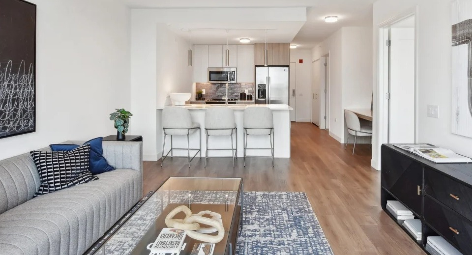 Contemporary open-layout apartment featuring a stylish living room connected to a modern kitchen with a breakfast bar at Cassidy on Canal in Chicago