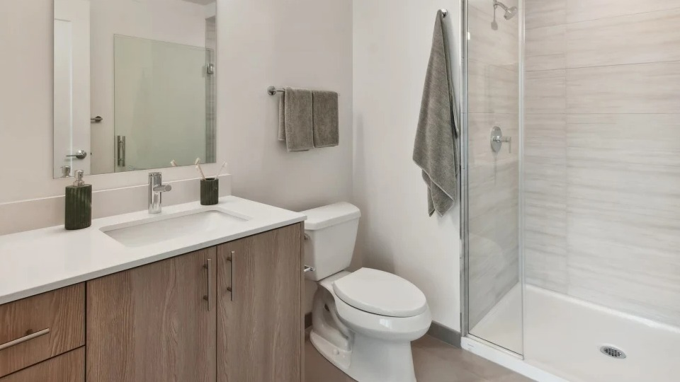 Modern apartment bathroom with a sleek vanity, a spacious walk-in shower, and clean, contemporary finishes at Cassidy on Canal in Chicago
