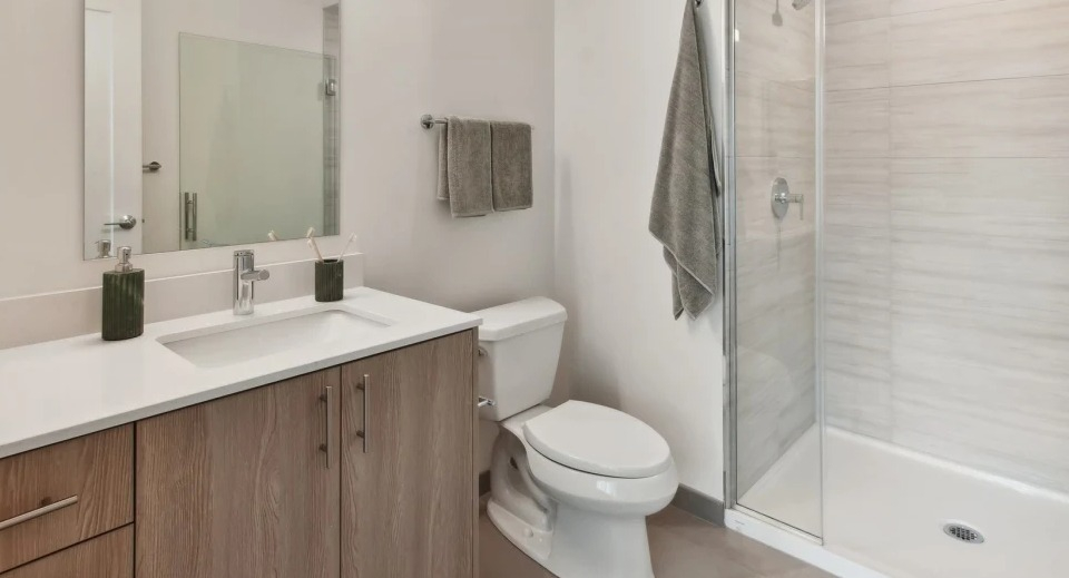Modern apartment bathroom with a sleek vanity, a spacious walk-in shower, and clean, contemporary finishes at Cassidy on Canal in Chicago