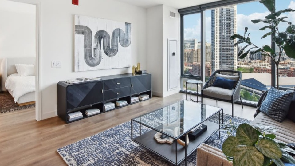 Chic modern living room with a large window, stylish decor, and easy access to a comfortable bedroom at Cassidy on Canal apartments in Chicago