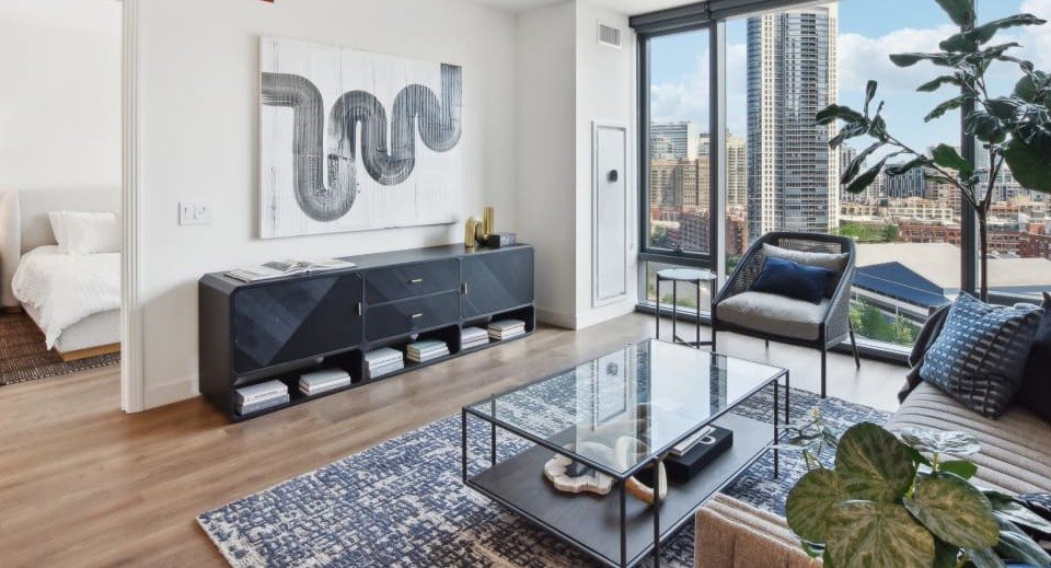 Chic modern living room with a large window, stylish decor, and easy access to a comfortable bedroom at Cassidy on Canal apartments in Chicago