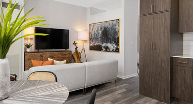Open-concept living room and kitchen with dark wood cabinetry and modern appliances at Century Tower Apartments Chicago