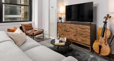 Stylish living area with a light grey sofa, wooden console, and cello accent, ideal for entertaining in Chicago apartments