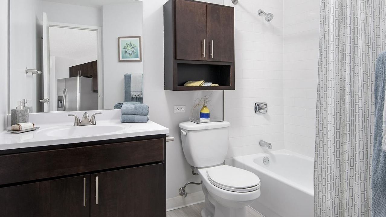 Contemporary bathroom at Chestnut Place apartments in Chicago featuring a dark wood vanity, white tiled shower, and mirror