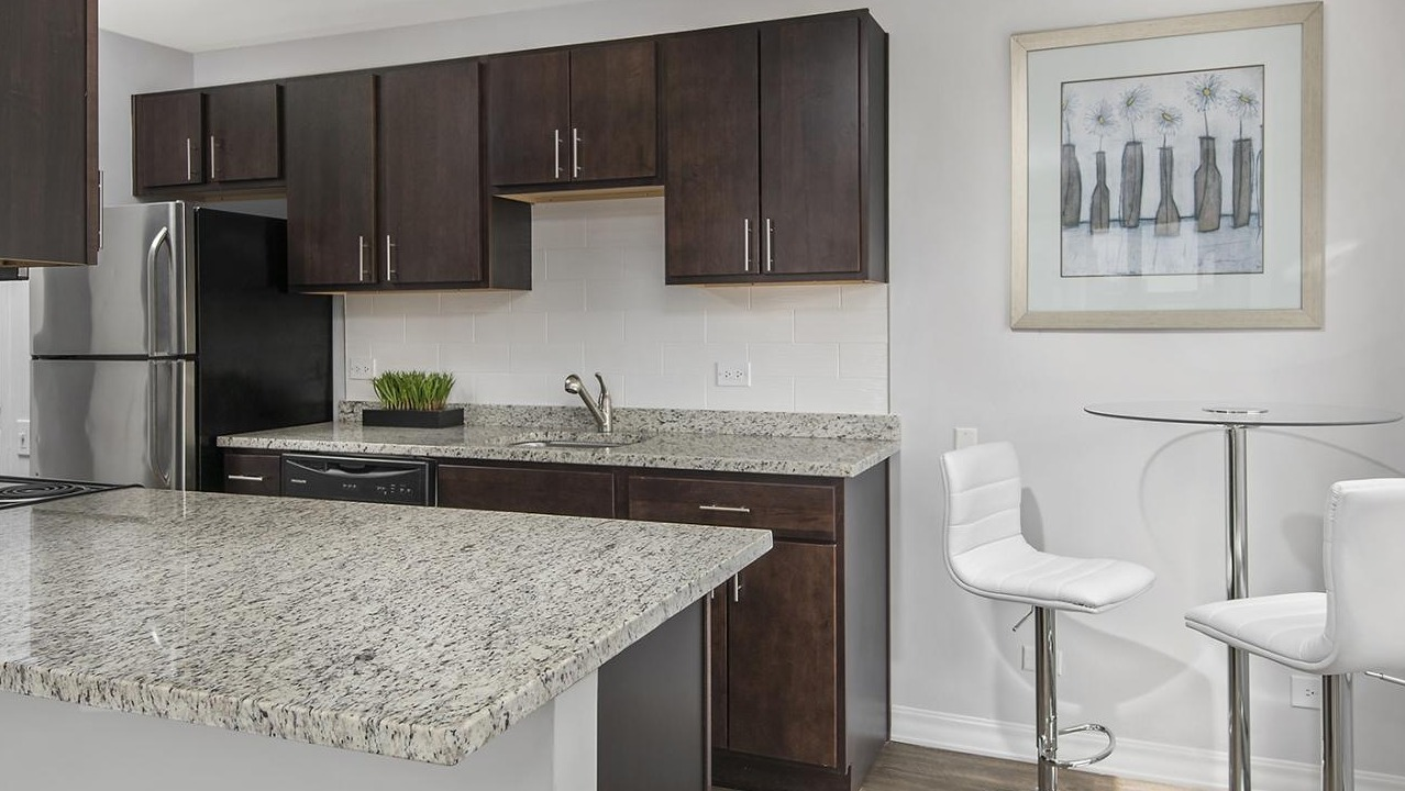 Stylish kitchen at Chestnut Place apartments in Chicago with granite countertops, dark cabinets, and a breakfast bar
