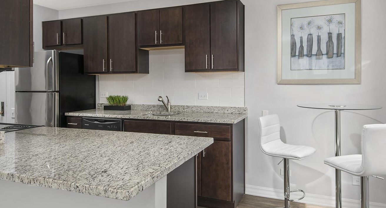 Stylish kitchen at Chestnut Place apartments in Chicago with granite countertops, dark cabinets, and a breakfast bar