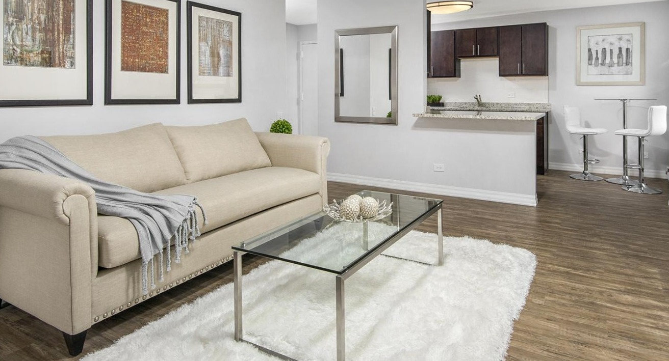 Cozy living and dining area at Chestnut Place apartments in Chicago, with a comfortable couch and wood-look flooring