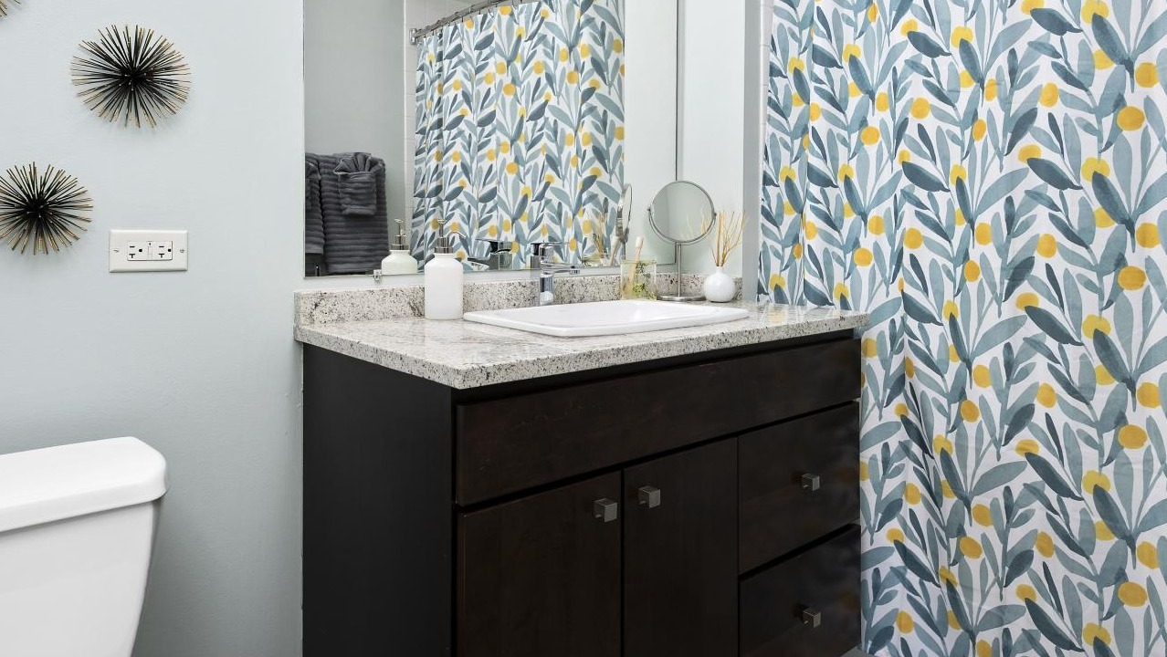 A bright bathroom at Chestnut Towers, boasting a stylish vanity, patterned shower curtain, and contemporary wall decor