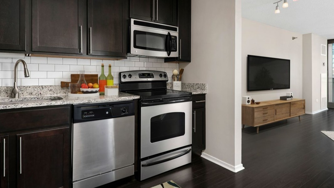Modern kitchen at Cityfront Place featuring dark wood cabinets, stainless steel appliances, and an open concept layout