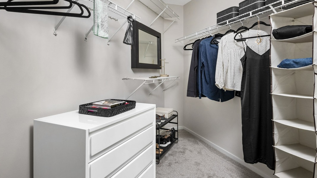 Large walk-in closet at Cityfront Place with ample shelving, hanging space, and a chest of drawers for organization