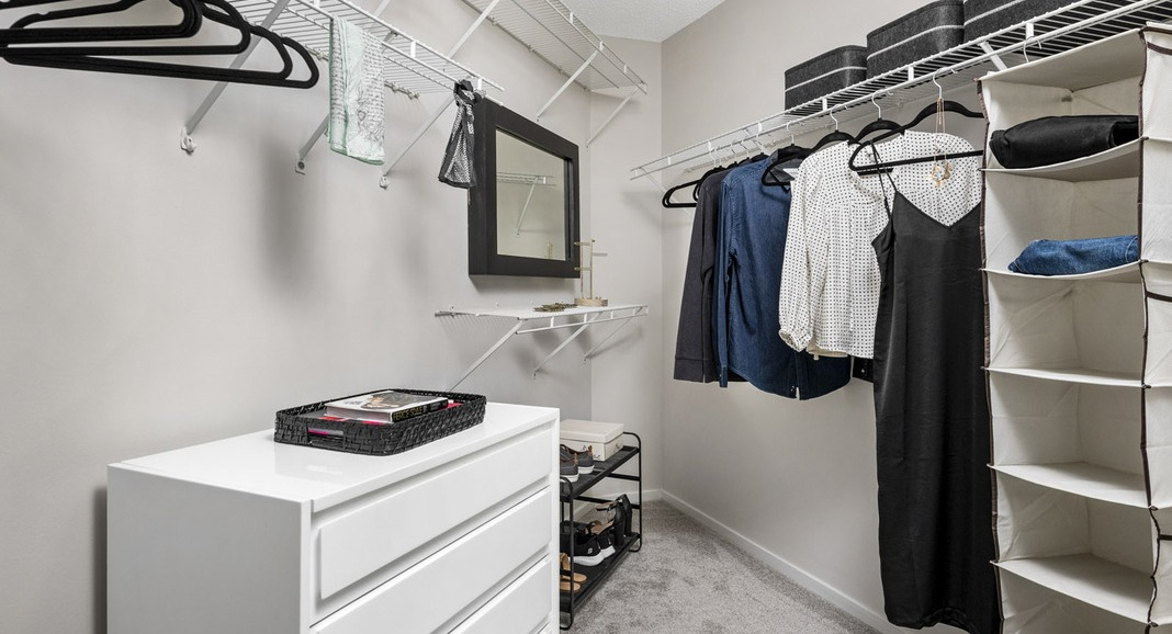 Large walk-in closet at Cityfront Place with ample shelving, hanging space, and a chest of drawers for organization