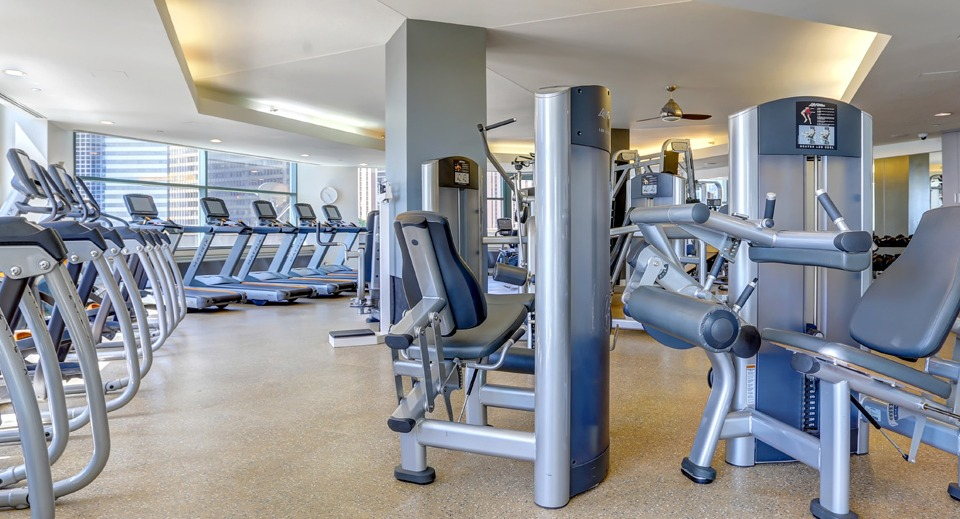 State-of-the-art fitness center at Cityfront Place with various cardio and weight training equipment