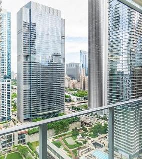 Balcony view of the Chicago skyline from Coast at Lakeshore East apartments in Chicago