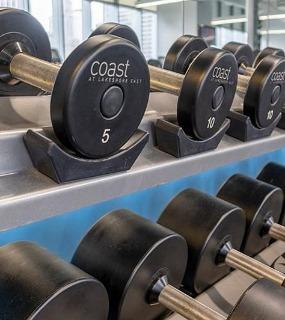 Dumbbells and fitness equipment at the gym in Coast at Lakeshore East apartments in Chicago. Modern fitness center