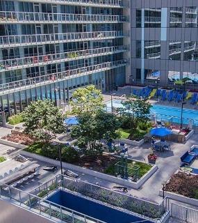 Aerial view of the pool deck at Coast at Lakeshore East apartments in Chicago
