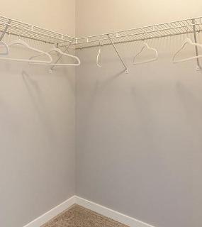 Spacious walk-in closet with shelving at Coast at Lakeshore East apartments in Chicago. Ample storage space
