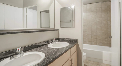 Classic bathroom with a double sink vanity, tiled shower-tub, and ample counter space at Cobbler Square Lofts in Chicago