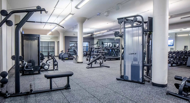 Comprehensive fitness center offering a wide array of strength training equipment and free weights at Cobbler Square Lofts in Chicago