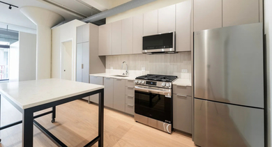 Spacious modern kitchen featuring stainless steel appliances, light cabinetry, and a movable island at Cobbler Square Lofts in Chicago
