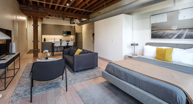 A well-designed modern studio layout showcasing a living area, bed, and compact kitchen at Cobbler Square Lofts in Chicago