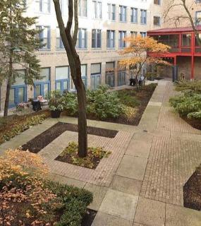 Beautiful outdoor garden space with lush greenery and seating at Cobbler Square Lofts in Chicago