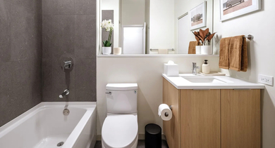 A sleek and modern bathroom with gray tiled shower, white bathtub, and contemporary vanity at Cobbler Square Lofts in Chicago