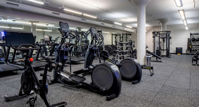 A state-of-the-art fitness center equipped with various cardio machines and weights at Cobbler Square Lofts in Chicago