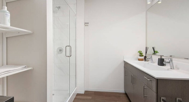 Modern bathroom with a spacious walk-in shower, double vanity, and ample storage shelves at Coeval Apartments in Chicago