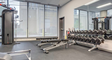 Fully equipped gym with various strength training machines, free weights, and benches at Coeval Apartments in Chicago