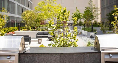 Outdoor grilling area with two stainless steel grills and lush green landscaping at Coeval Apartments in Chicago