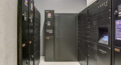 Convenient package delivery and dry cleaning lockers, including Luxer One and Tide Cleaners, at Coeval Apartments in Chicago