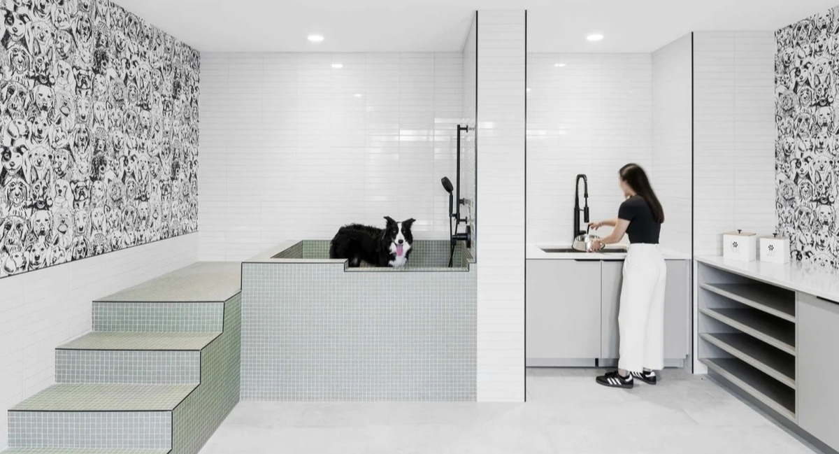 Modern pet spa and dog wash station at Coppia apartments in Chicago, featuring sleek tiles and grooming facilities