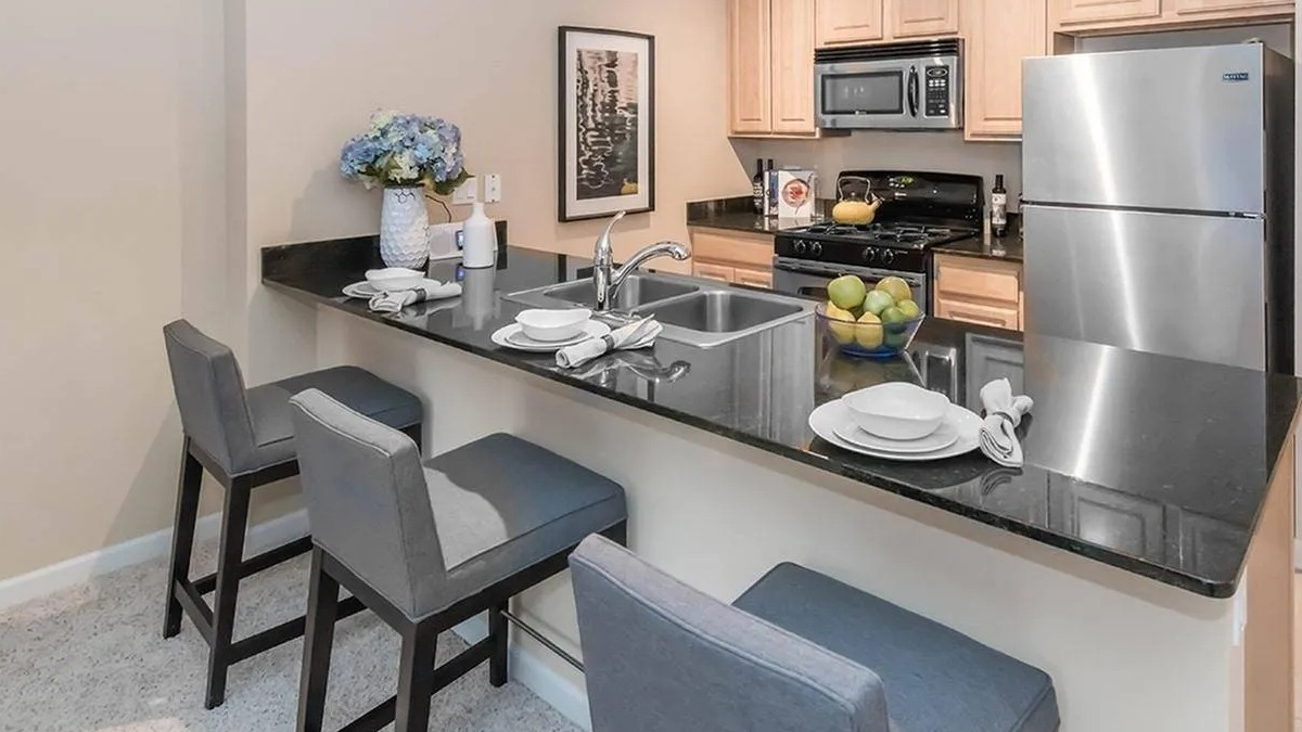 Kitchen with a breakfast bar, granite countertops, and stainless steel appliances at Echelon at K Station in Chicago