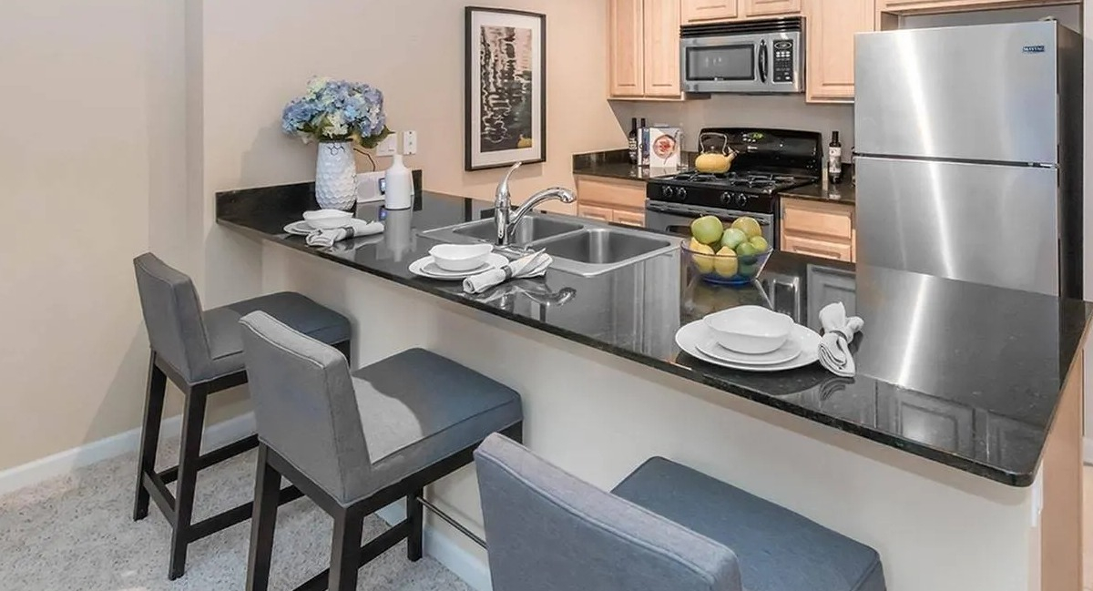 Kitchen with a breakfast bar, granite countertops, and stainless steel appliances at Echelon at K Station in Chicago