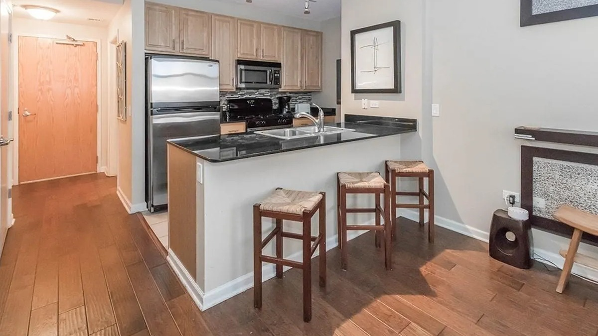 Contemporary kitchen featuring a breakfast bar, stainless steel appliances, and elegant hardwood floors at Echelon at K Station in Chicago