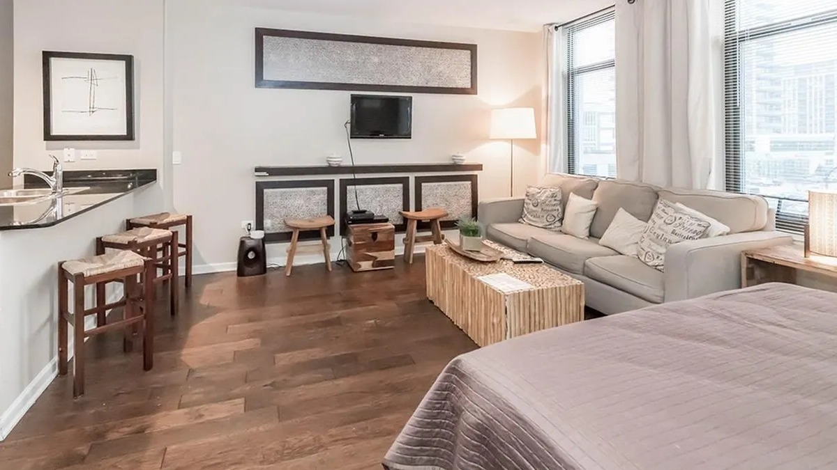 Open-concept studio apartment featuring a living area with a sofa, a separate sleeping area, and modern decor at Echelon at K Station in Chicago