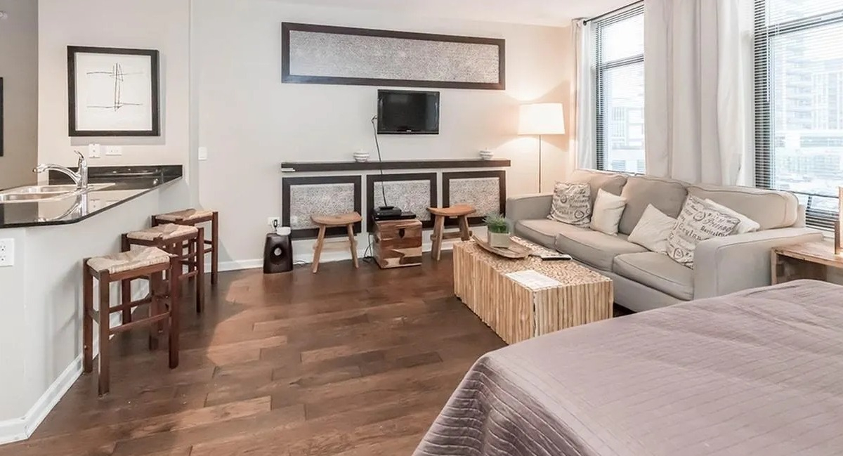 Open-concept studio apartment featuring a living area with a sofa, a separate sleeping area, and modern decor at Echelon at K Station in Chicago