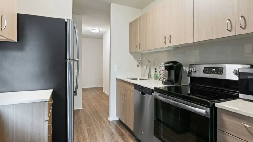 Functional galley kitchen with stainless steel appliances, light wood cabinets, and ample counter space at Elm Street Plaza Chicago
