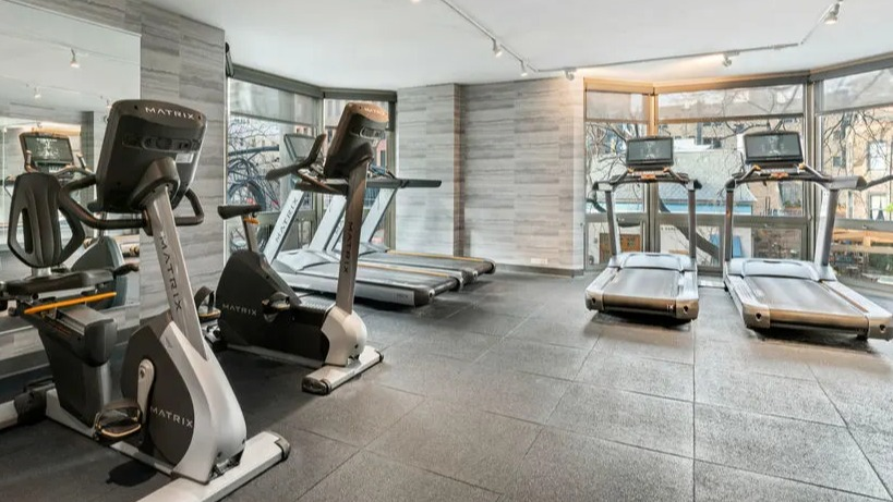 Spacious gym area with treadmills, stationary bikes, and mirrored walls at Elm Street Plaza Chicago