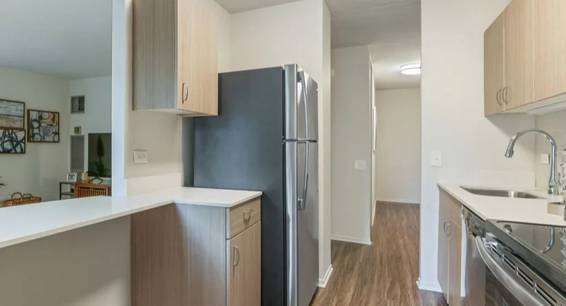 Kitchen with a convenient breakfast bar, stainless steel appliances, and plenty of cabinet storage at Elm Street Plaza Chicago