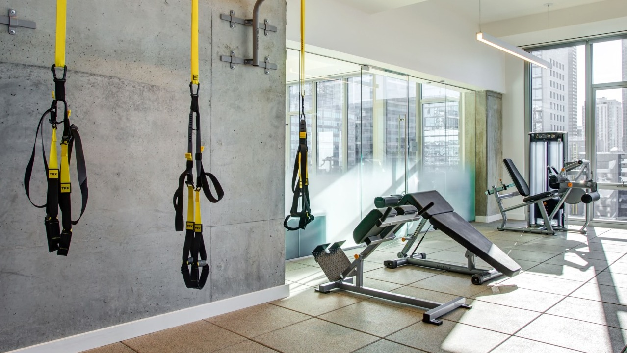 Modern gym area featuring TRX suspension trainers, a weight bench, and strength training equipment with city views at EMME Chicago in Chicago
