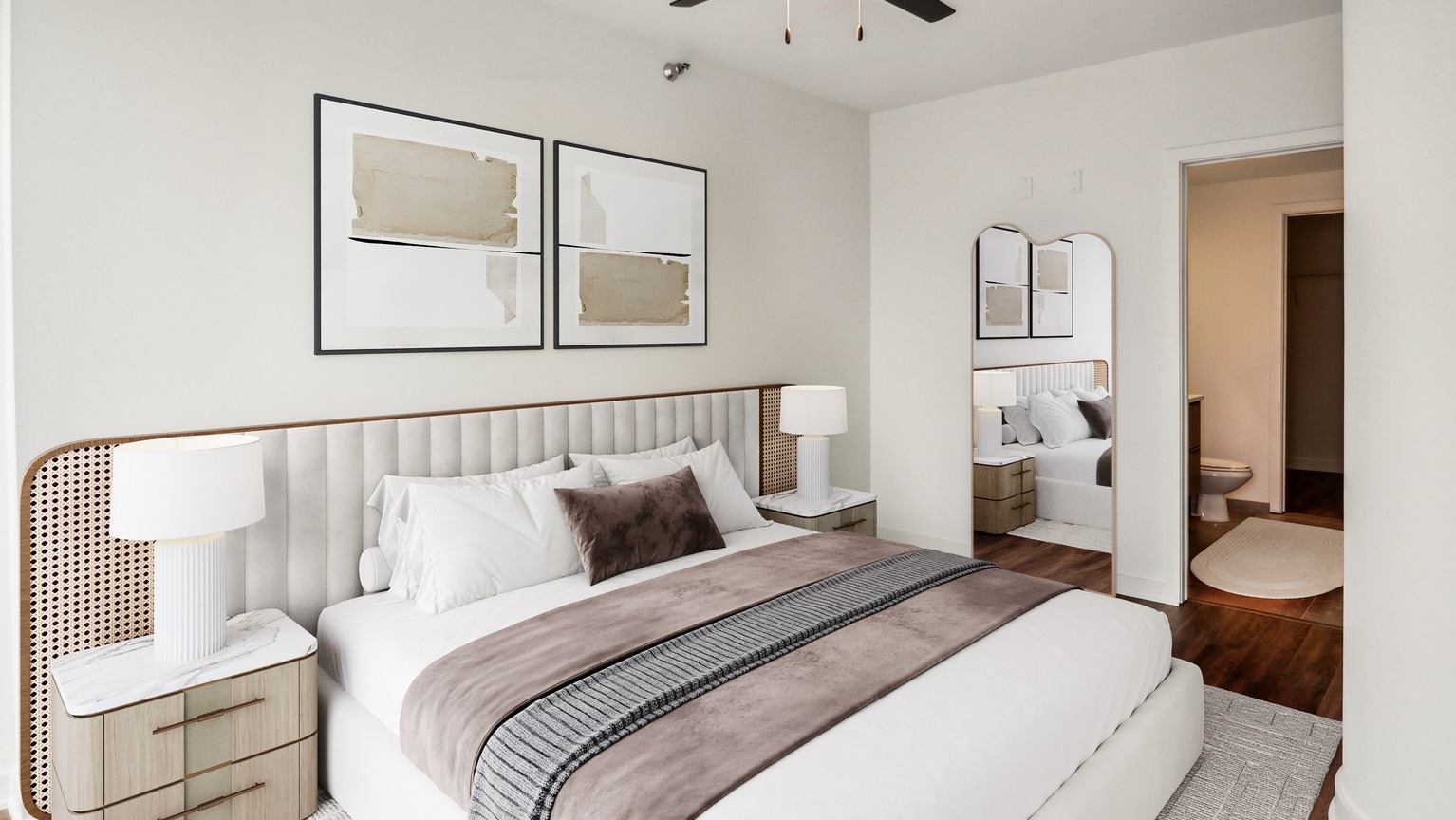 Env Chicago cozy bedroom with a modern bed frame, neutral tones, and ample natural light for a relaxing retreat